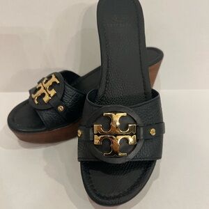 Tory Burch Black Leather Wedge Mules